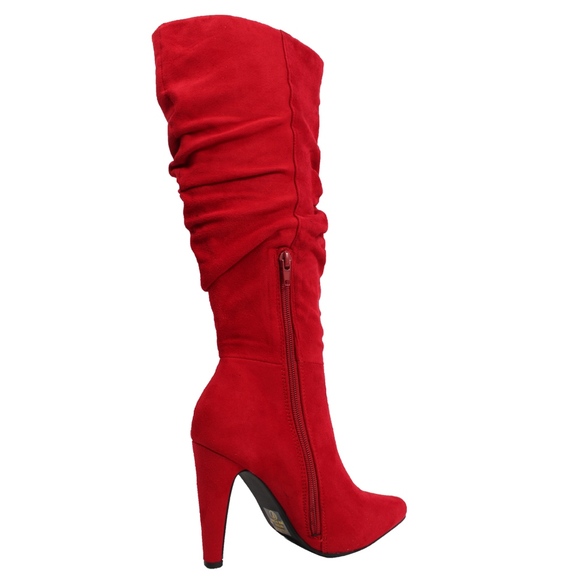 Red Faux Suede Slouchy Knee High Stiletto Boot - Picture 3 of 6